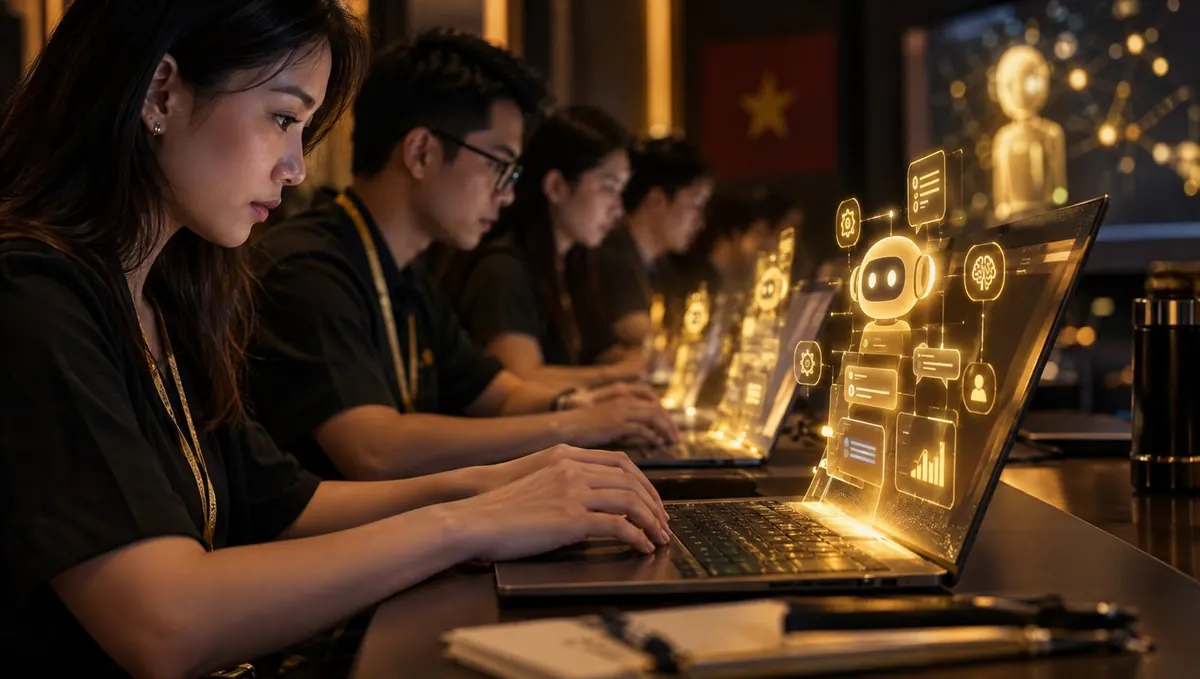 Ảnh minh hoạ: học viên thực hành dựng công cụ trên laptop cùng AI