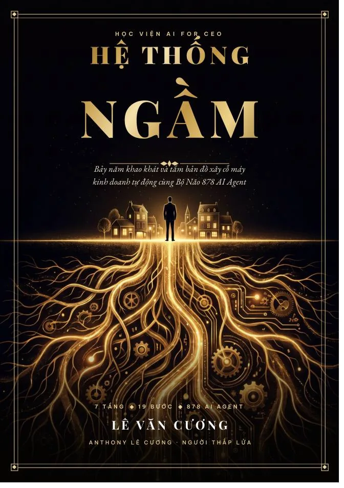 Bìa sách Hệ Thống Ngầm của Lê Văn Cương: một người đứng trên mặt đất, bên dưới là bộ rễ vàng nối thành cỗ máy